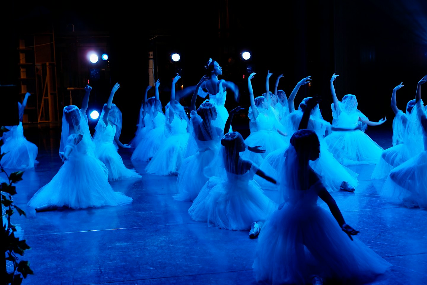 Dancers in white tutus perform on a reflective stage.